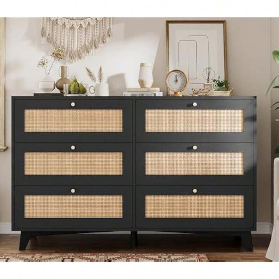 Black Rattan Dresser For Bedroom, 6 Drawer Dresser With Natural Rattan Drawers, Wooden Wide Storage Cabinet With Gold Handles, - 1 - View 1