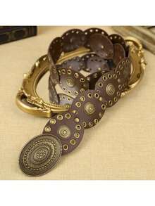 1 件朋克风格复古铆钉和网眼椭圆形女式牛仔腰带，适合休闲、派对、节日穿着夏季、学校秋季、秋季、万圣节 - 棕色 - 查看 8