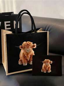 牦牛主题亚麻手提袋套装，黑色亚麻手提袋配黄色滚边，另附黑色零钱包，适合日常购物、手提、个性化礼品包装、旅行，是假日、周末、婚礼、生日、海滩、度假的理想之选，也是送给女性、母亲、教师、朋友以及开学季的绝佳礼物。