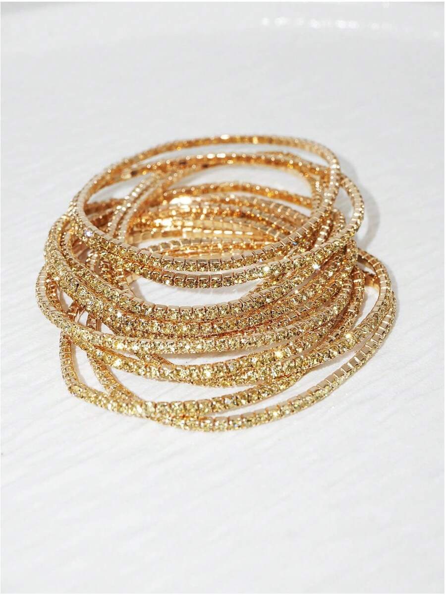 10pcs/Pack Glittering White Diamante Elastic Bracelet For Evening Party - Golden*10PCS - View 1