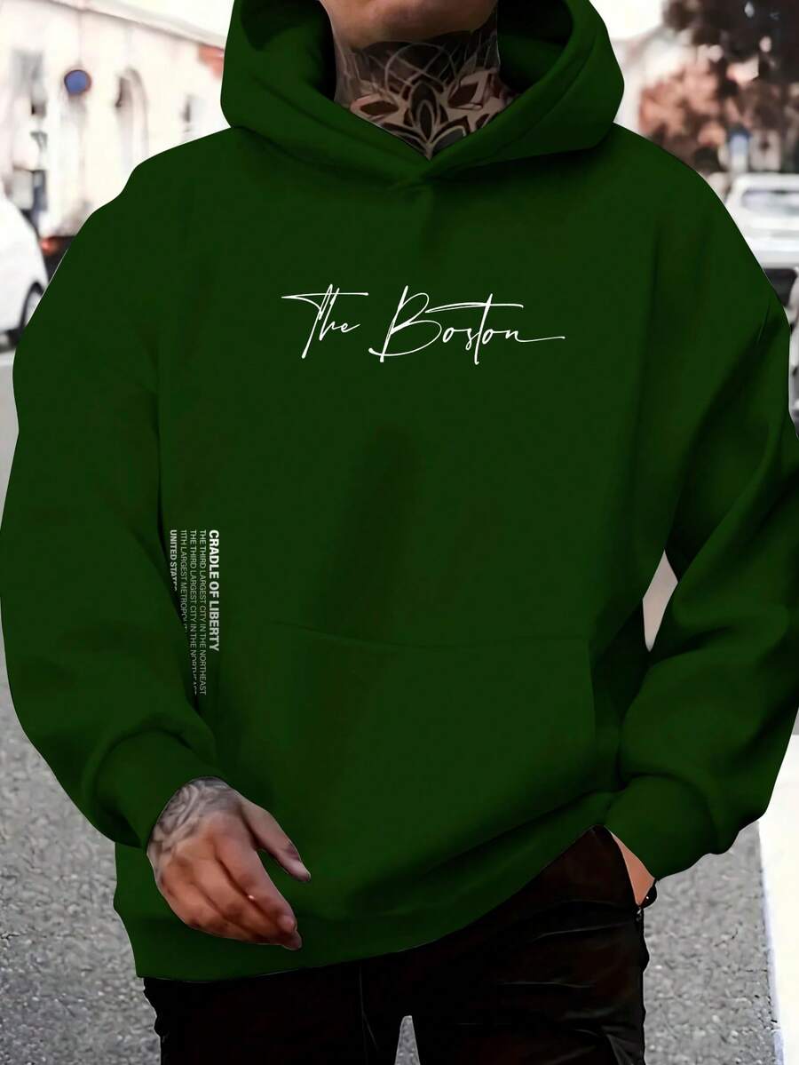 The Boston Men's Cotton Unisex Flannel Kangaroo Sweatshirt - 軍綠色 - 查看 1