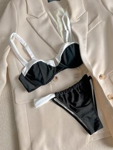 Women's Patchwork Bikini Set With Steel Frame, Including Adjustable Drawstring Swim Shorts, Suitable For Summer Beach Vacation - Black and White - View 3