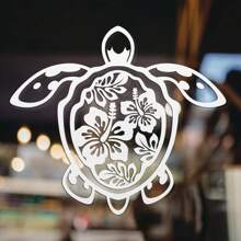 Sea Turtle Hibiscus Flower Car Sticker, Vinyl Die-Cut Floral Turtle Decal For Car Truck Window Laptop, Cute Car Decor Accessories