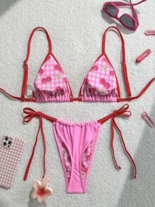 Women's Pink Embellished Trim Two-Tone Fabric Fashion Elegant Adjustable Halter Bikini Top And Adjustable Triangle Bottoms, Cute For Spas, Beach, Vacation Swimming Bikini Set