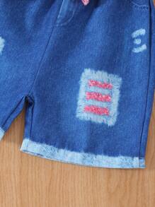 Set de 3 piezas para niñas jóvenes que incluye: Camiseta asimétrica con gráfico lindo de verano + Pantalones cortos efecto denim con cinturón