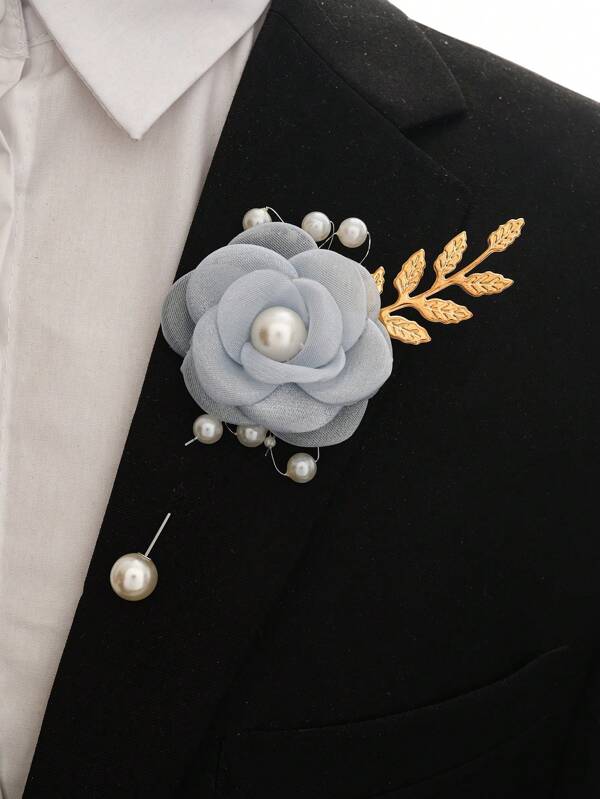 1 pièce Broche florale légère et délicate bleu clair unisexe avec feuilles et perles, convient pour mariée, marié, mariage, fête, bal de promo, décoration de banquet