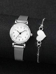 2 pezzi/set Orologio da polso al quarzo con quadrante minimalista classico e cinturino a griglia per donna + braccialetto decorato a forma di cuore (scatola dell'orologio non inclusa) - Argento - Visualizzare 3
