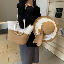 1 套女士拼色编织草帽和大帽檐蝴蝶结手提包，时尚优雅的遮阳帽和包包组合适合夏季外出、购物、海滩、旅行 - A - 查看 11