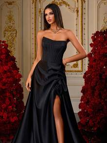 优雅的黑色缎面露肩紧身胸衣礼服，高开叉和玫瑰垂坠，女士舞会礼服，正式晚礼服，迷人的派对礼服，奢华外观，长款晚礼服 - 黑色 - 查看 8