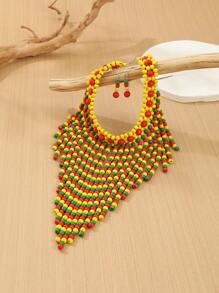 1 Set Di Collana e orecchini fatti a mano, a più strati, con nappine esagerate e perline, adatti per serate, vacanze, stile sud-est asiatico, bohémien, mediorientale, occidentale, retrò, raffinati