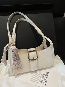 1pc Crocodile Embossed Strap Decor Minimalist Fashion One Shoulder Baguette Bag With Scarf - Beige - View 2