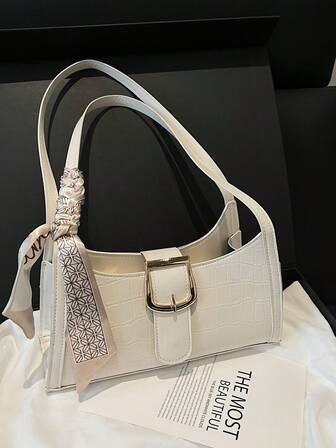 1pc Crocodile Embossed Strap Decor Minimalist Fashion One Shoulder Baguette Bag With Scarf