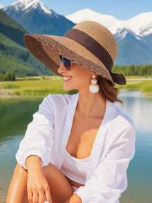 1 chiếc mũ rơm trang trí nơ ruy băng, thích hợp cho tiệc bãi biển hoặc hoạt động ngoài trời. - Nhiều màu - Xem 3