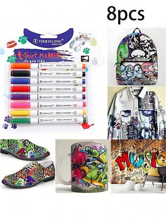 8pcs Waterproof Color Fabric Textile Markers, Doodles, Watercolors, Drawing Pens For T-Shirts, Shoes, Clothing, Wood And Stone DIY Art Graffiti Painting. Party Party, Easter Party, Classroom Drawing, Multi-Purpose Drawing Pen Back To School