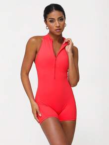 Sodalemon 女士紧身拉链连体裤，露背蜜桃臀设计，适合瑜伽和健身，夏季款 - 紅色 - 查看 5