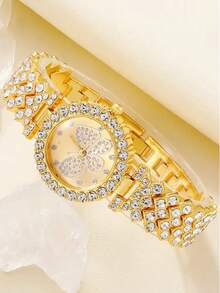 2pcs/Set Rose Gold Alloy Crystal Butterfly & Round Dial Quartz Watch And Crystal Heart Bracelet For Women, Suitable For Daily Wear, Graduation Gift