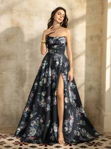 Faeriesty فستان سهرة رسمي مطبوع بالأزهار مع تجعيد أمامي وتعقيد خلفي وبدون أكتاف من طراز Faeriesty