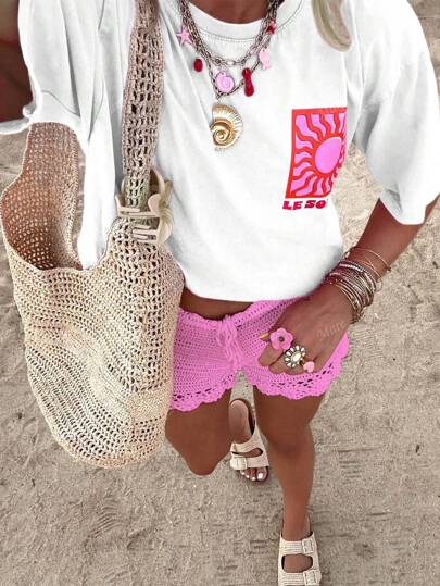 Camiseta feminina casual de cor sólida, gola redonda, manga curta, traje de férias de verão na praia