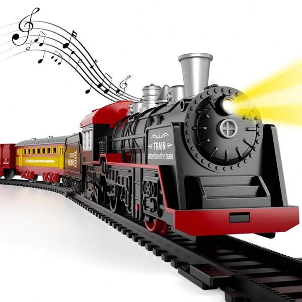 Kids' Vintage Electric Train Track Set - Classic Steam Locomotive With Lights & Sounds, Red & Black, Ideal For Imaginative Play, Train Toy