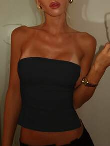Women's Solid Color Front Slit Tube Top (Without Padding), Summer Wear - Black - View 3