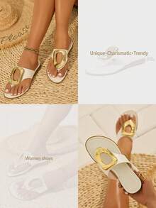 Damen weiße Flache Sandalen, Rundkappig, Mode & Komfort, Metall Dekor, Slip-On Lässig Pantoffeln - Weiss - Übersicht 9