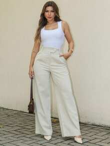 LULU RUNS4 Women's Wide Leg Linen Trousers High Waist With Lining - 米色 - 查看 4