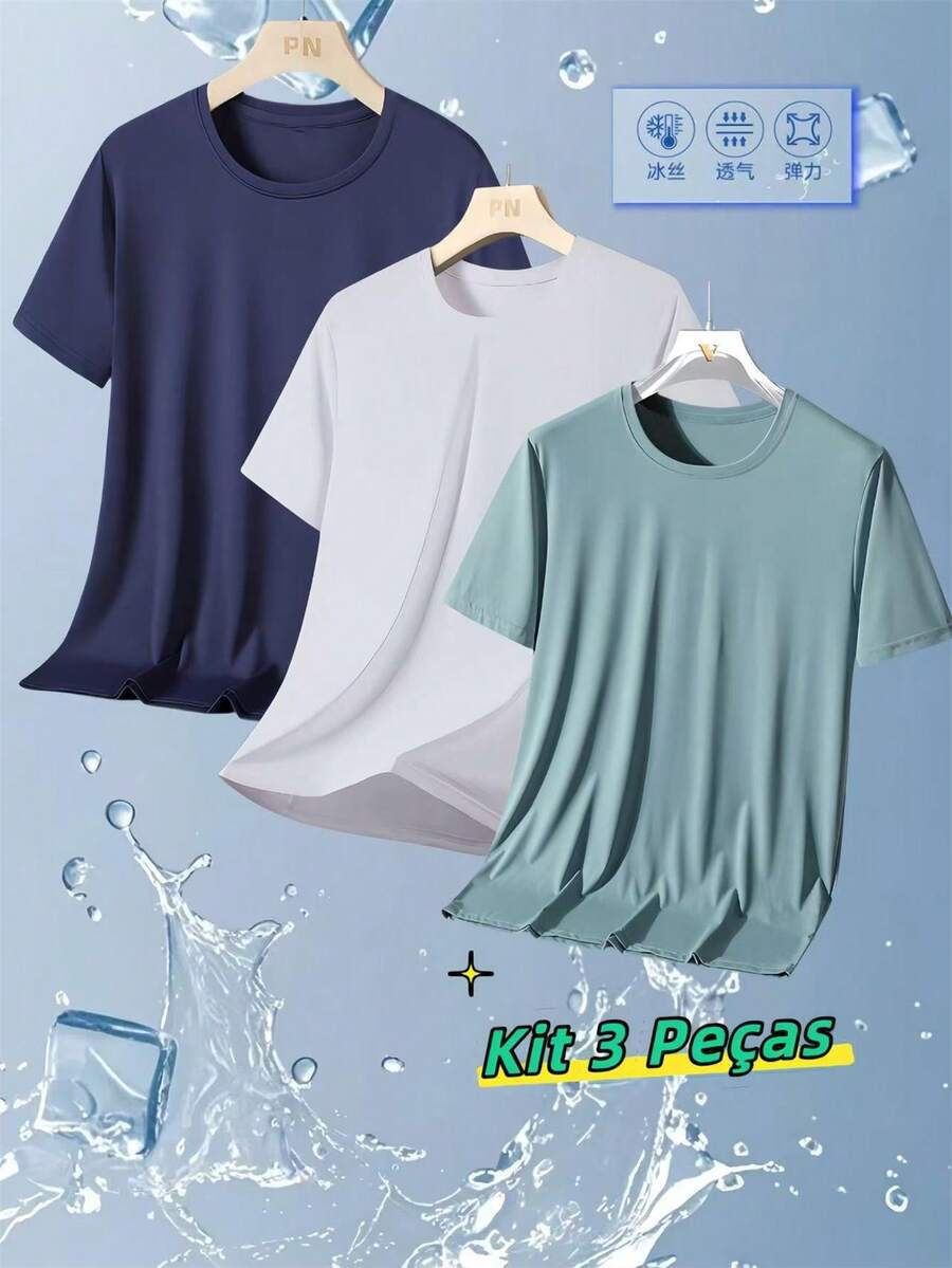 Kit 3 Men's T-Shirts Short Sleeves Breathable Mesh Quick-Drying Ice Silk - Màu xanh hải quân - Xem 1