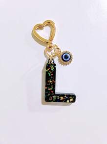 1pc Laser Black Shiny Resin A-Z Initial Keychain, With Devil Eye And Heart Keyring Bag Charm Pendant, Party Favor, Suitable For Holiday Gifts To Friends