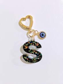 1pc Laser Black Shiny Resin A-Z Initial Keychain, With Devil Eye And Heart Keyring Bag Charm Pendant, Party Favor, Suitable For Holiday Gifts To Friends