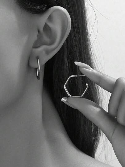 1 Pair Minimalist Geometric Stainless Steel Stud Earrings, Hexagon Shaped