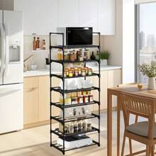 8 Tier Adjustable Kitchen Shelf, Kitchen Organizer Storage, Black Metal Shelf With Hooks, Spice Rack, Kitchenware And Utensil Rack, Home Decor For Kitchen, Pantry, Bathroom, Valentine's Day, Easter Decor.