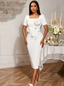 Vestido de novia blanco ajustado de la novia con cuello cuadrado, mangas cortas y flores 3D para duchas nupciales, fiesta de boda, vestido de graduación para mujeres, atuendo para citas, fiestas, vestido de novia, vestido de dama de honor, vestido de graduación, invitado de boda