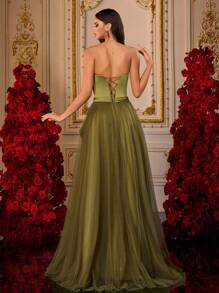 Heavy Embellished Olive Green Strapless Tulle Formal Gown With Side Bow And High Slit, Luxury Bridesmaid Dress, Elegant Evening Dress, Prom Dresses For Women, Party Dress, For Wedding Guest