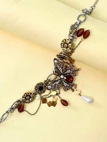 1 件复古做旧金色蝴蝶和花朵锆石颈链，适合女士派对珠宝和日常佩戴 - 彩色 - 查看 10