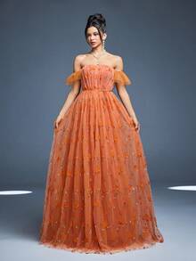 Strapless A-Line Wedding Dress With Embroidered Lace And Tie Details - Burnt Orange - View 3