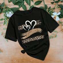 Camiseta Para Mujer Con Estampado De Glitter Leopard Heart, Camiseta Impresa De Corazones Animal Print De Cuello Redondo Y Manga Corta, Camiseta Casual Y Juvenil, Ropa Para Mujer Perfecta Para Primavera Verano, Ropa Mujer - Negro - Ver 2