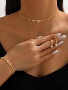 4件套优雅首饰套装 - 项链、耳环、手链，女士适用，适合派对、婚礼、感恩节、情人节等场合佩戴。 - 金色 - 查看 1