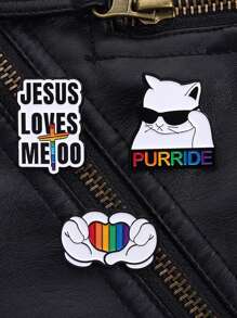 Juego de 3 Piezas Alfileres Esmaltados con Diseños LGBT, Gato Orgullo Gay, Corazón con Gestos de Mano y Lema "Jesús también me ama", Regalos Joyería Insignia para Solapa