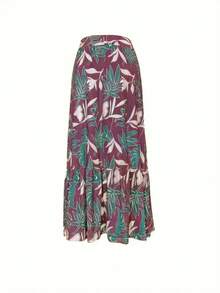Women's Long Floral Ruffle Hem Casual Skirt, Suitable For Vacation - Mauve Purple - View 2