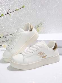 2025 Season Lace-Up Casual Sports College Style Embroidery Sneakers, Student Shoes, Versatile White Sneakers, Platform Increased Height Sports Shoes, Fashionable Versatile Gold Embroidered Rose Sports Shoes - White - View 7