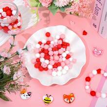 59/103 piezas Cuentas de silicona con forma de animales, rojo y rosa, redondas y en forma de corazón, goma de animales, con cordón elástico, adecuado para manualidades DIY, llaveros, joyería - Multicolor - Ver 5