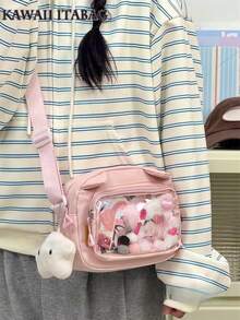 Túi trong suốt kiểu Lolita Nhật Bản dễ thương có tai, túi xách trong suốt, túi đeo chéo nhỏ, túi đeo vai nữ, túi cầm tay, chất liệu nylon PVC, dễ mang theo, có bảng gắn huy hiệu, túi nylon chất lượng cao, quà tặng cho bé gái, túi thời trang mới năm 2025. - Hồng - Xem 1