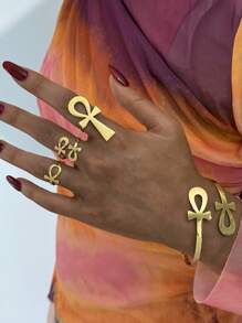 1PC Ankh Egyptian Key Of Life Health Power Cross 18k Gold Plated Stainless Steel Ring Bracelet Women Fashion Waterproof Unique Daily Wear Jewelry