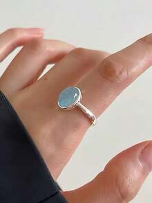 简约几何椭圆形纯银海蓝宝石戒指，适合女士佩戴，设计时尚小众，高端戒指，适合日常佩戴 - 海藍戒指 - 查看 3