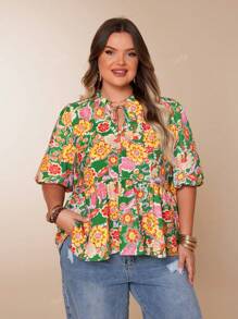 Plus Size Women Casual Floral Print Ruffle Collar Tie Waist 3/4 Lantern Sleeve A-Line Blouse Shirt, For Summer