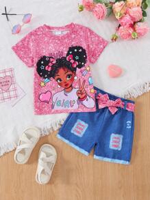 Set de 3 piezas para niñas jóvenes que incluye: Camiseta asimétrica con gráfico lindo de verano + Pantalones cortos efecto denim con cinturón