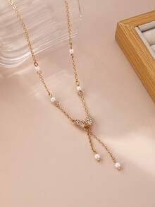 1 pièce Collier pendentif papillon en alliage faux perle stylé, chaîne délicate pour clavicule pour femmes, pour un port casual - Style 1 - Voir 4