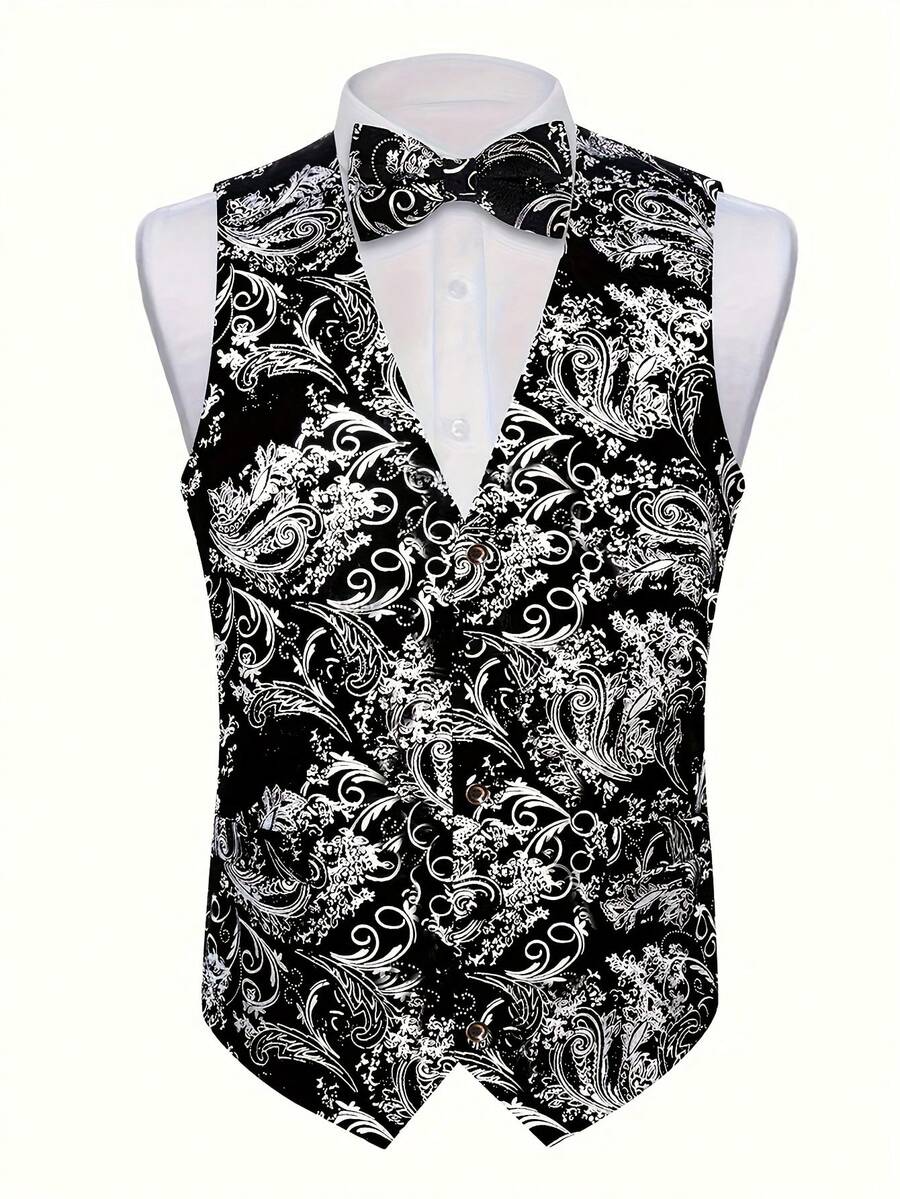 Men's Shiny Metallic Vest For Formal Party, Wedding Tuxedo Waistcoat With Bowknot - Silver - View 1