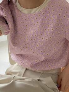 圆领短款泡泡袖雏菊印花针织上衣，适合夏季返校季女士穿着 - 紫色 - 查看 5