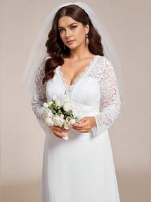 Vestido de novia elegante de talla grande con cuello en V, manga larga transparente, falda de cola de pez con parches de encaje, vestido de novia blanco para fiesta de solteros, novia, para el Día de San Valentín - Blanco - Ver 8